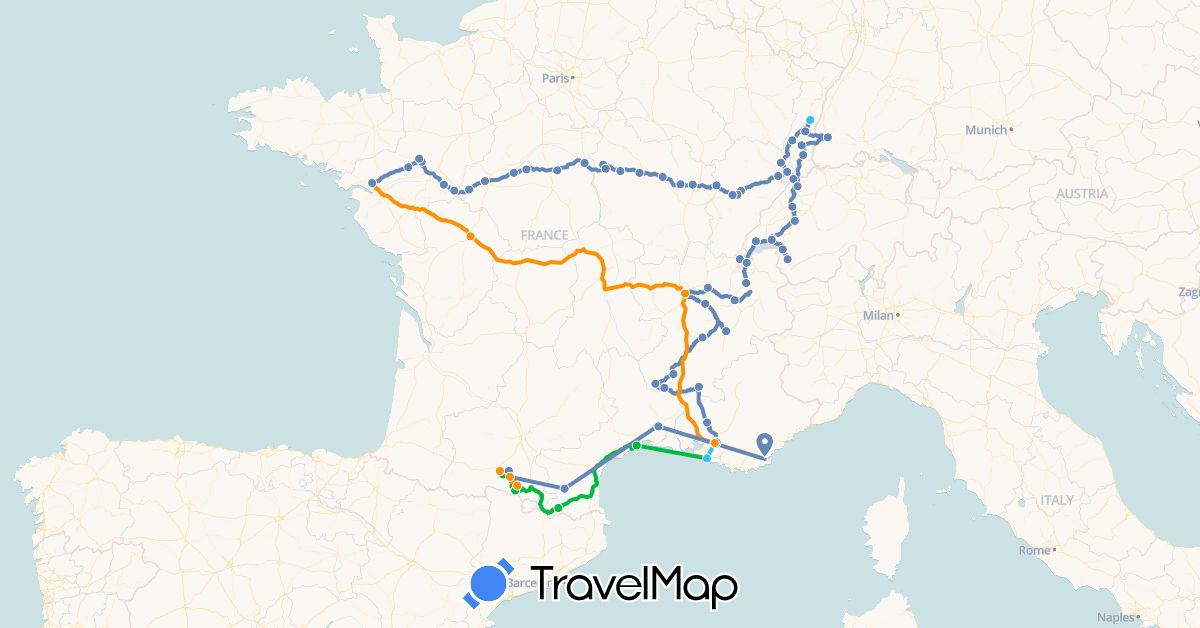 TravelMap itinerary: driving, bus, cycling, boat, hitchhiking in Switzerland, Germany, France (Europe)